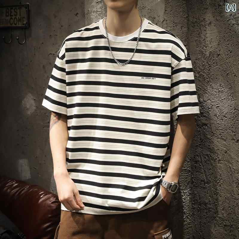 シャツ Tシャツ メンズ 黒白 ストライプ 半袖 男性用 ゆったり 大きいサイズ 夏 ファッション カジュアル 半袖