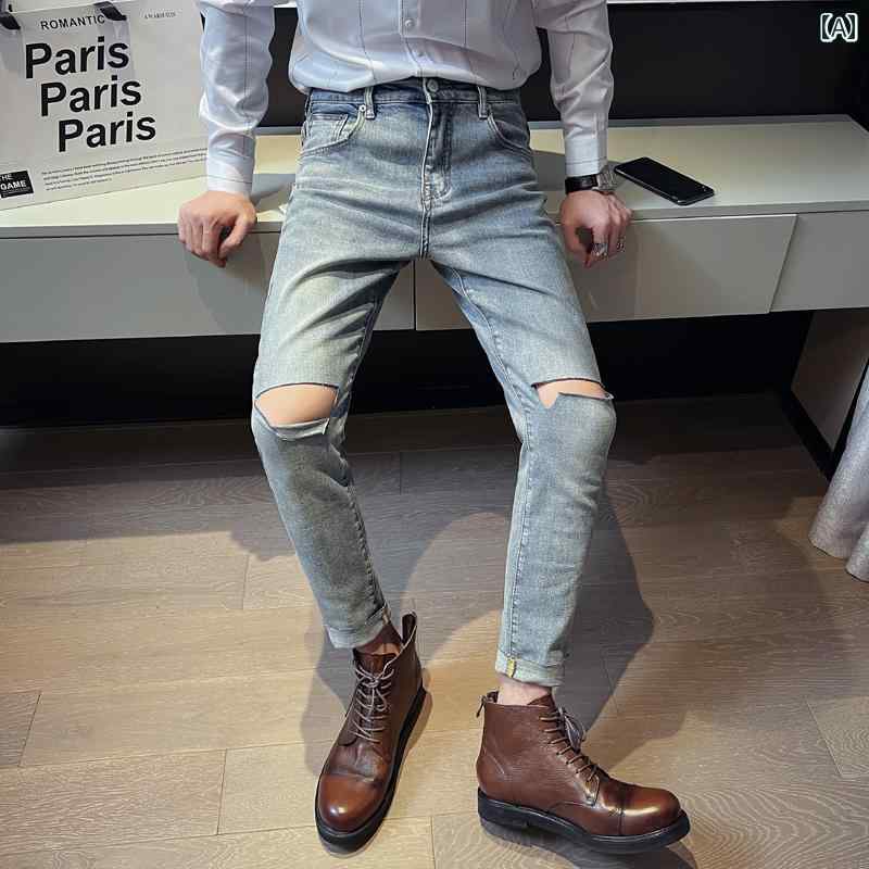 パンツ デニムパンツ メンズ ジーンズ ワン ライン リップド 夏 薄手 スリム フィット 裾細 九分丈