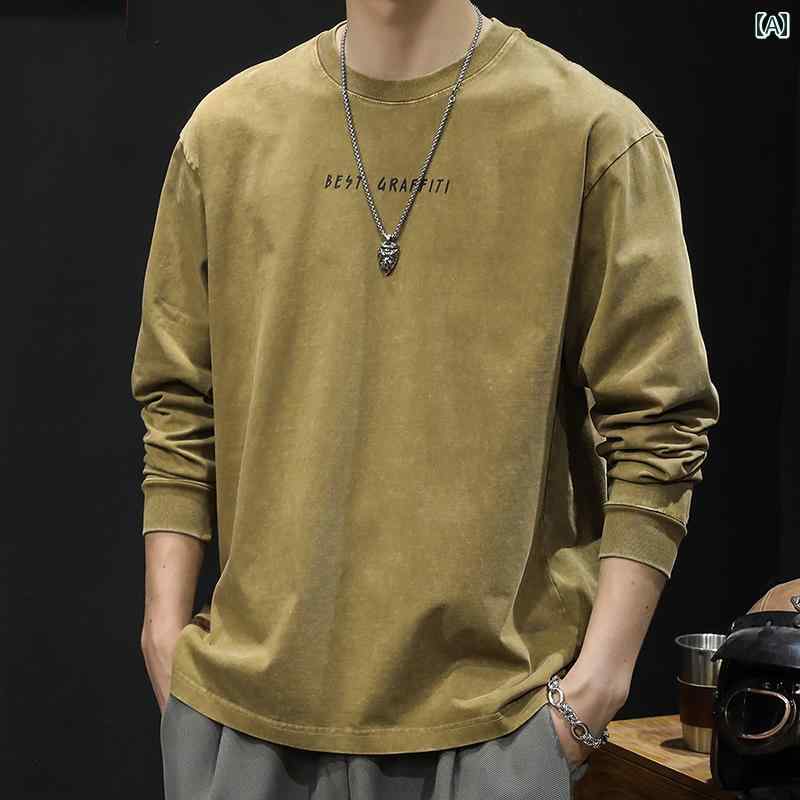 メンズ ラウンドネック 長袖 Tシャツ ロンT 綿 ゆったり 大きいサイズ ヘビー レトロ ウォッシュ 春秋