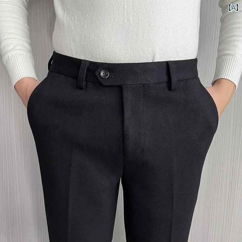 パンツ スラックス メンズ カーキ ウール ビジネス ストレート スリム ハイエンド カジュアル 起毛 スーツ