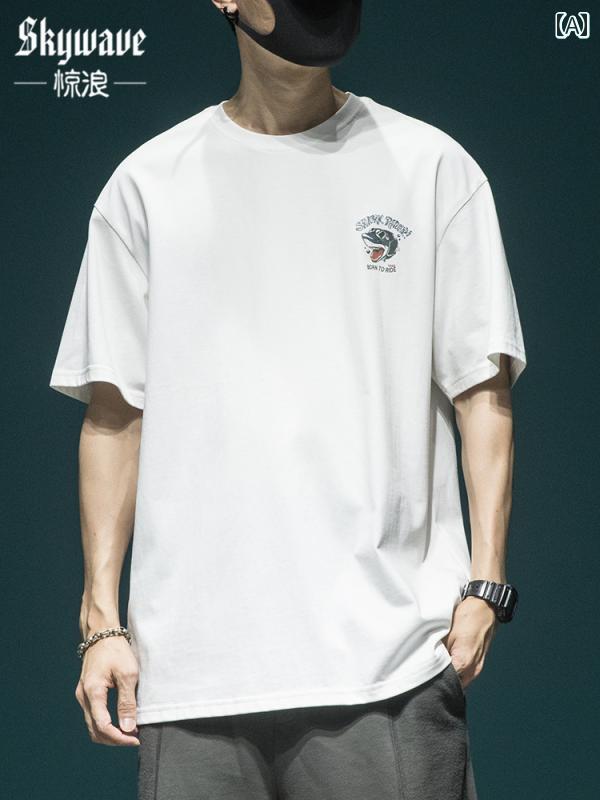シャツ Tシャツ メンズ サメ プリント ヘビー 半袖 夏 綿 プラス ストリート ゆったり 大きいサイズ