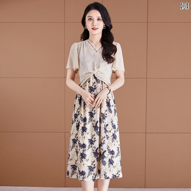 ワンピース レディース きれいめ 婦人服 スカート ドレス カジュアル おしゃれ シンプル 豪華感 エレガント 重ね着風 夏 花柄