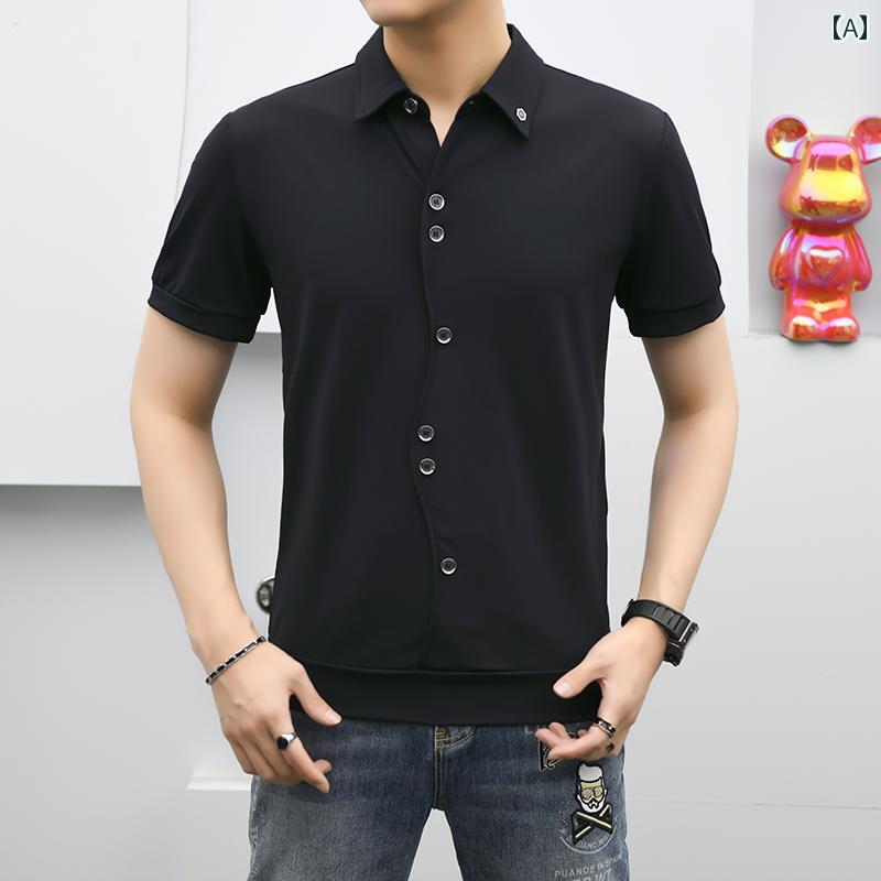 Tシャツ カジュアル メンズ ファッション ステーション シャツ 襟 シャツ 夏 ファッション 半袖 トップス ユニーク 前身頃