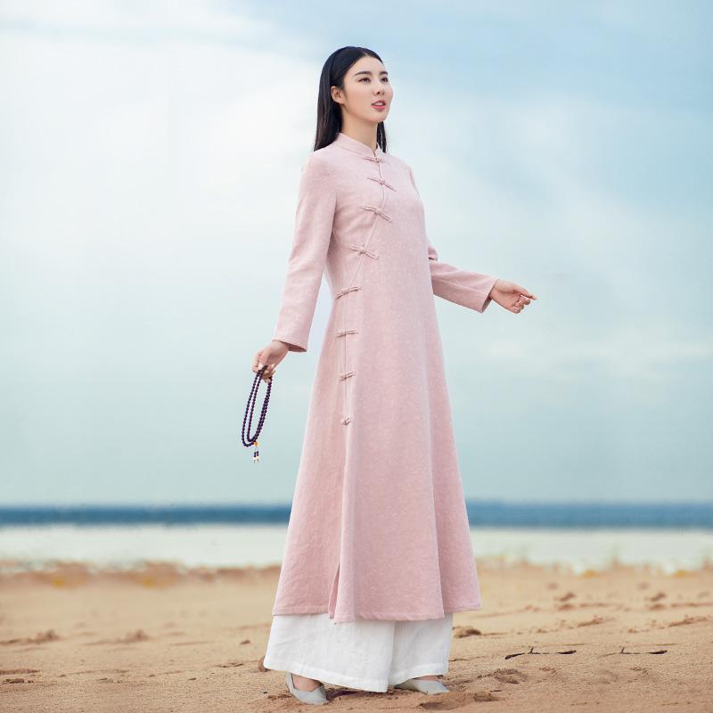 お召しもの レディース 秋 春 瀬戸もの服 アオザイ 中華風 綿 リネン 瀬戸もの レトロ 思いいれる服 茶師服 お持て成し 文学研究 リネン バックル お上さん