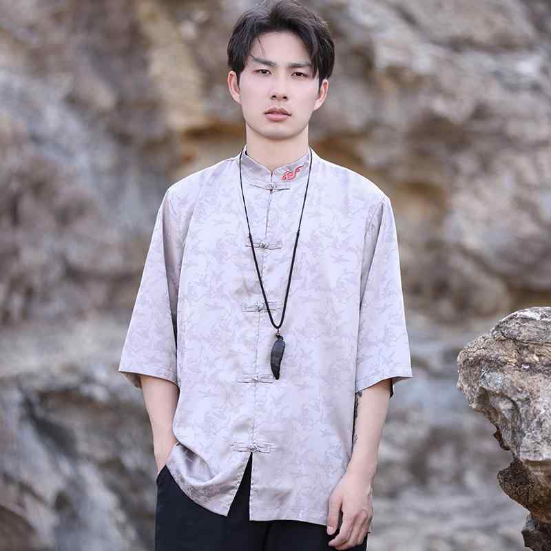 シャツ トップス メンズ レトロ チャイニーズ スタイル かっこいい チュニックシャツ 七分袖 唐 スーツ カジュアル 薄手 夏 刺繍