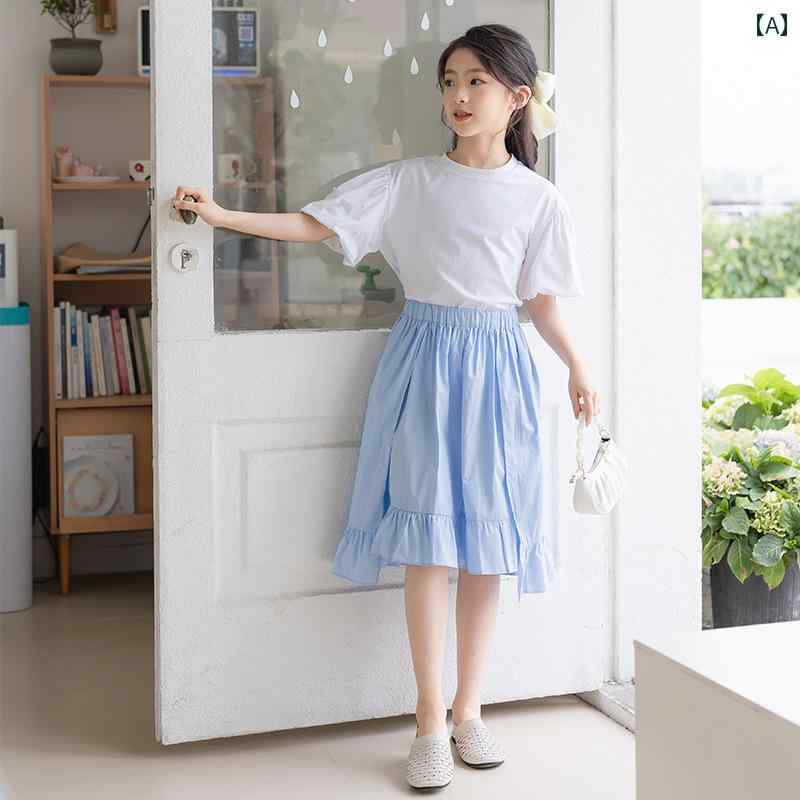 スカート 女の子 ガールズ スーツ 薄手 夏 韓国 中 大型 子供 スーツ ビーズ パフスリーブ Tシャツ 2点 セット