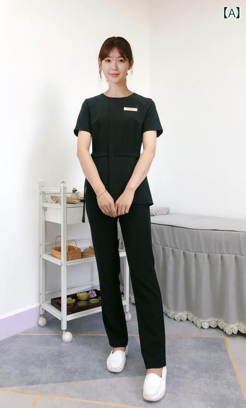 エステ 制服 レディース 作業着 技術者 レディース 半袖 ロングパンツ 美容師 ユニフォーム マッサージ ヘルスクラブ フットケア 七分袖 美容院