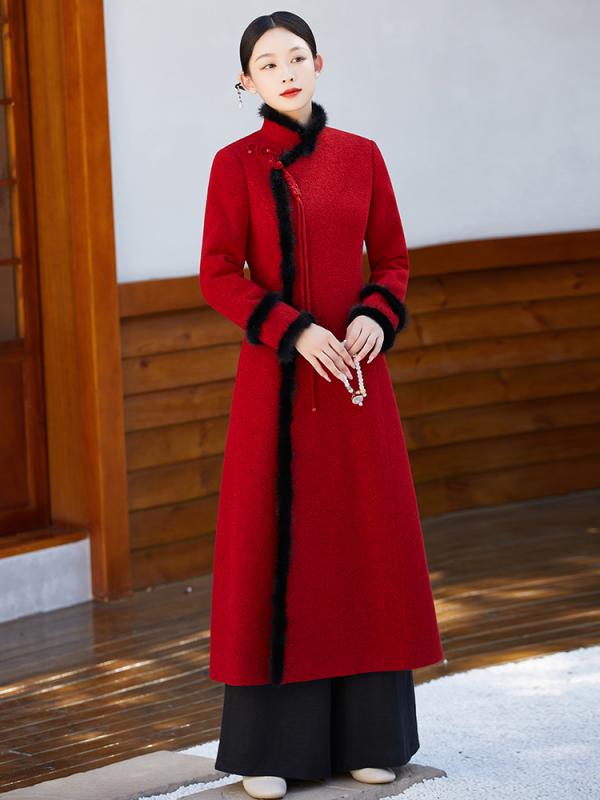ドレス レディース 秋 冬 ウール ファッション エスニック レトロ レッド チャイナ 女性 中国 唐 スーツ 韓服 プレート バックル 瞑想 茶 スーツ 女性｜セキュアデポ
