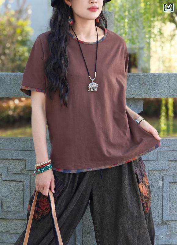 レディース トップス シャツ エスニック ボヘミアン レトロ 個性 ローエッジ パッチワーク 半袖 Tシャツ 春夏 ラウンドネック カジュアル シンプル