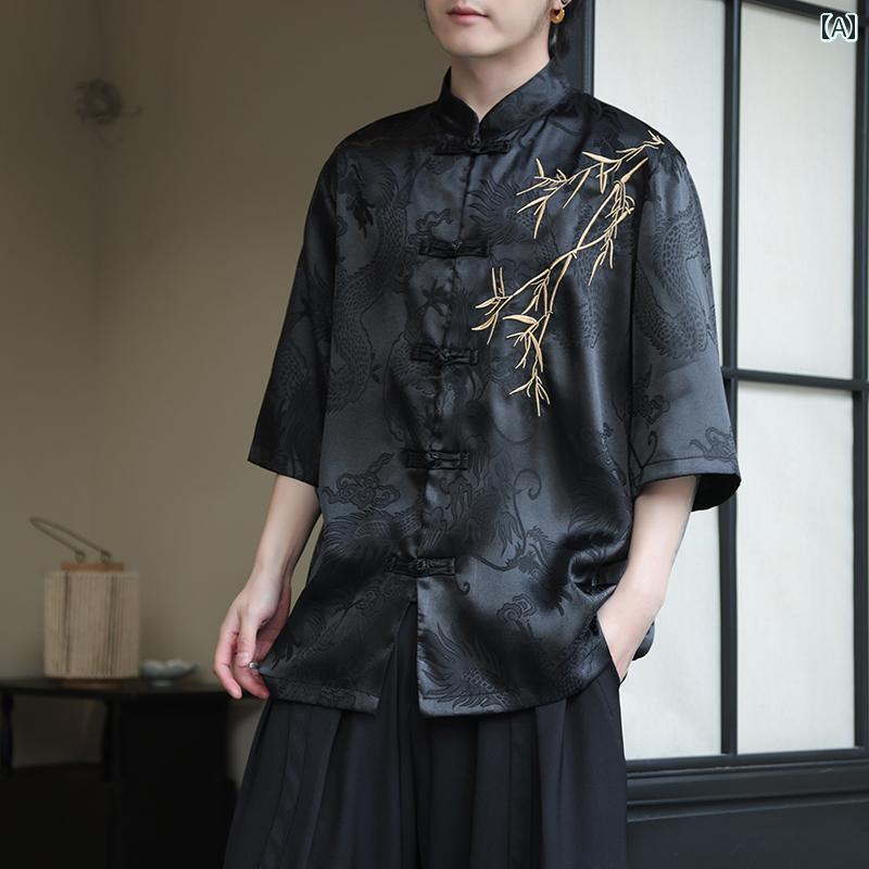 メンズ 涼しげ 唐装 チャイナ風 夏 刺繍 半袖 シャツ 中国 漢服 大きめサイズ 薄手 トップス 5,395円