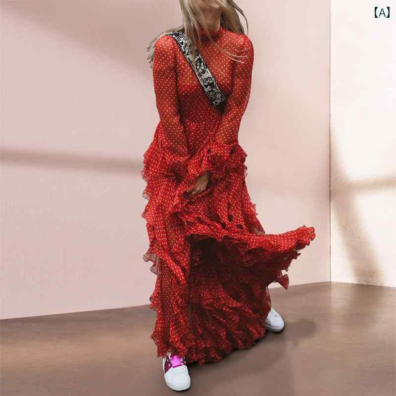ドレス スカート レディース ハイエンド レトロ 赤い ドット 美しい 丈夫 長袖 アメリカ 春 エレガント ロング|セキュアデポ