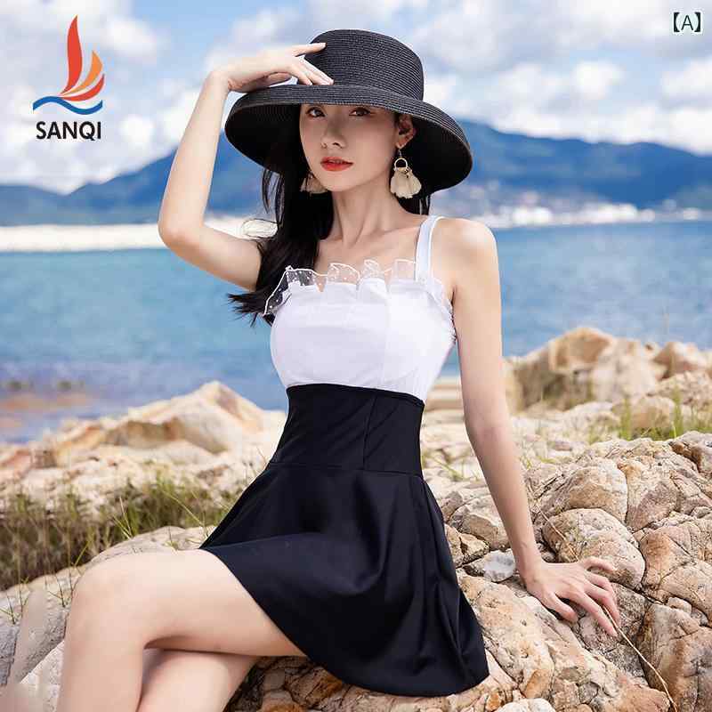 レディース 夏 水着 ワンピース かわいい スカート風 体型カバー ビーチ プール 海水浴 リゾート レジャー 女性用 保守的 黒白 サスペンダー レース 小さめ フレグランス シンプル ファッション 温泉