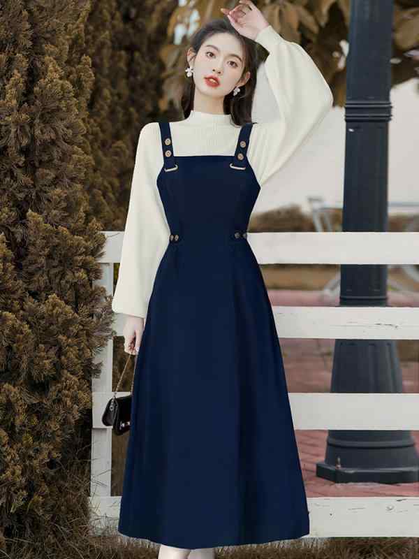 ドレス 秋 冬 長袖 ニット フランス レトロ セーター サスペンダー ツーピース セット 婦人服 6,957円