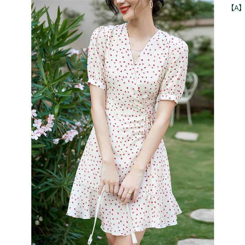 レディース 夏 サマー ワンピース きれいめ 上品 婦人服 マザーズ 小さい 桑 ドレス ウエスト V ネック 花 a ライン スカート 女性 ミドル丈