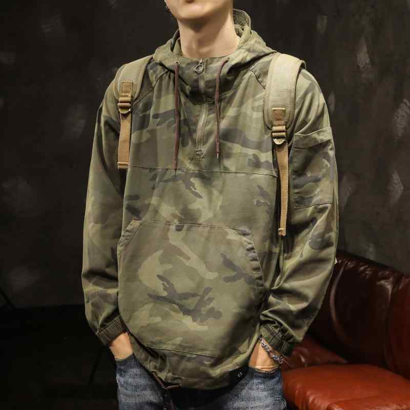メンズ ジャケット 長袖 春秋 フード アウターウェア 迷彩 アメリカンカジュアル レジャー ワーク 作業 カンガルーポケット パーカー ゆったり 大きめサイズ アーミーグリーン アーミ カーキ ブラウン ノーアイロン ジッパー 被り メンズ