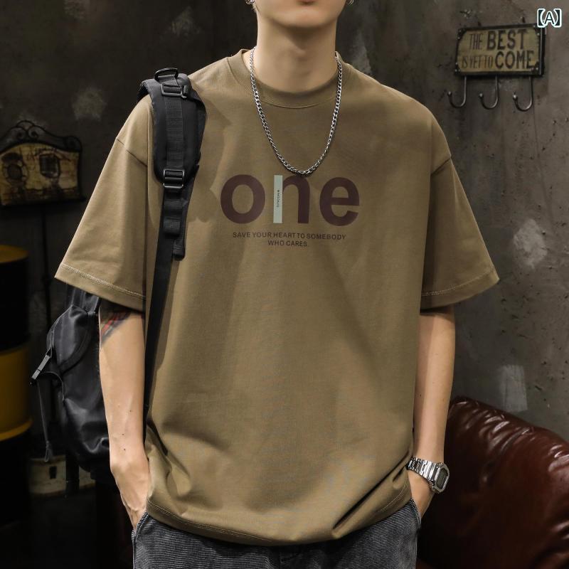 メンズ Tシャツ 半袖 アメリカン 夏 ストリート トップス ラウンドネック 前プリント ユニーク 丸首 ゆったり 綿混紡 コットン 通気性 おしゃれ ノーアイロン ダーグレー モスグリーン ライトベージュ ブラック ブラウン 大きいサイズ 男性用