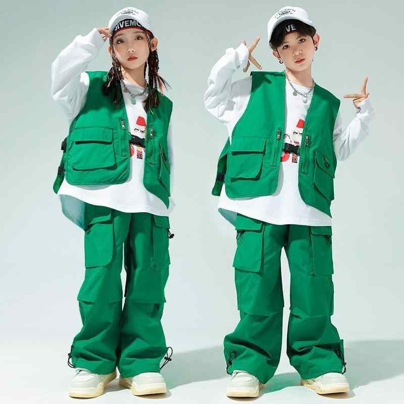 ダンス衣装 セットアップ 白シャツ ベスト 緑 3点 ヒップホップ ジャズダンス ワイドフィット 秋 キッズ 女の子 ボーイズ ストリート 練習着