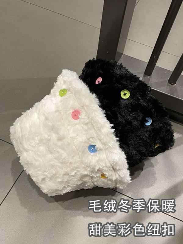 秋 冬 ウール 釣り 帽子 アウトドア 登山帽 韓国 カラフル ボタン ラムズ 漁師 帽子 女性 暖かく 肥厚 かわいい 顔 小さい バケット ハット