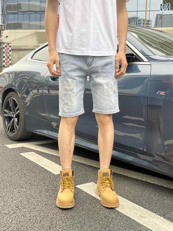 メンズ 夏 カジュアル パンツ デニム ハーフ サマー 半ズボン デニムショート ミッド 五分丈 ストレッチ スリム
