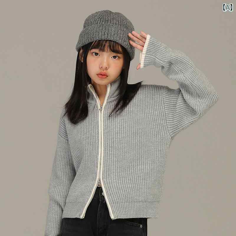 トップス ジャケット 子供服 おしゃれ ナチュラル 普段着 キッズ 女の子 秋冬 グレー ジッパー ニットカーディガン 子供 スリム 刺繍 長袖