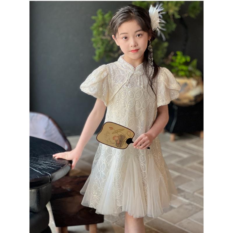 子供服 ワンピース ドレス トップス シャツ ロング スカート レース チャイナ風 漢服 女の子 スリム 半袖 キッズ 夏 子供