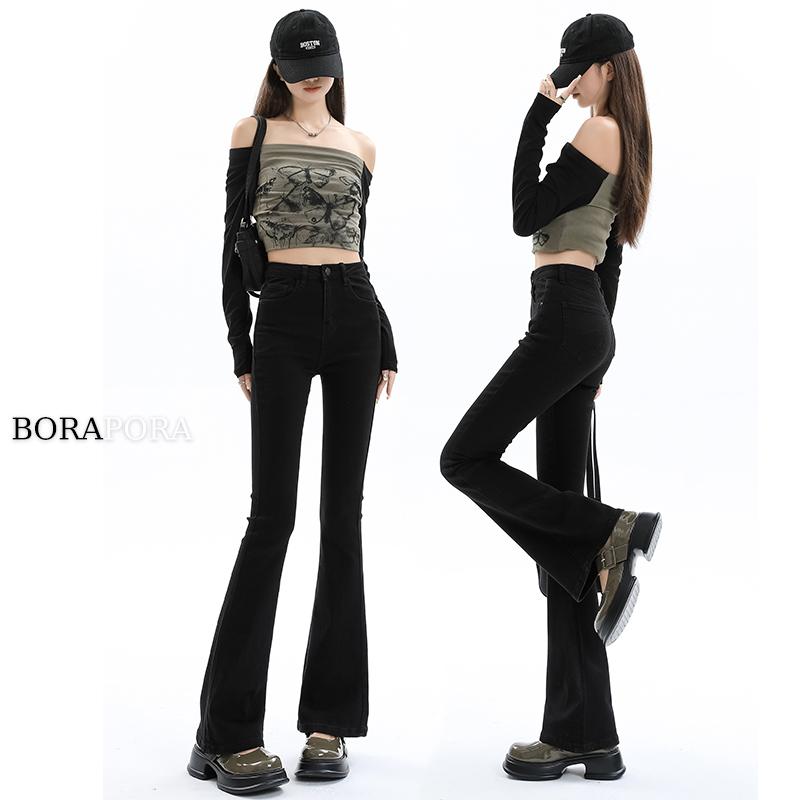 パンツ デニム レディース 初秋 女性 黒 ブーツ カット ジーンズ ドレープ フレア ハイウエスト スリム フルレングス ベルボトム