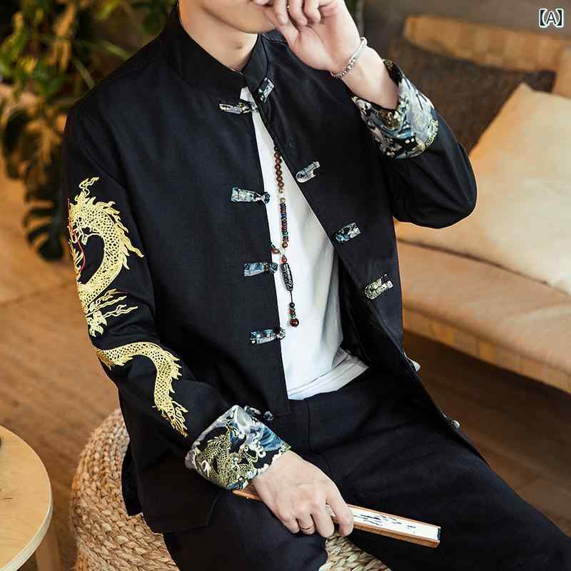 メンズ 火竜柄 中国 唐 背広 火竜衣装 上衣 中華風 刺しゅう 烏兎 漢服な 上着 とっ始め