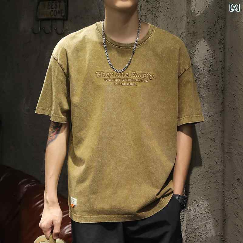 シャツ Tシャツ メンズ アメリカン レトロ ヘビーウォッシュ 半袖 ゆったり 大きいサイズ 五分袖 ボーイズ 服
