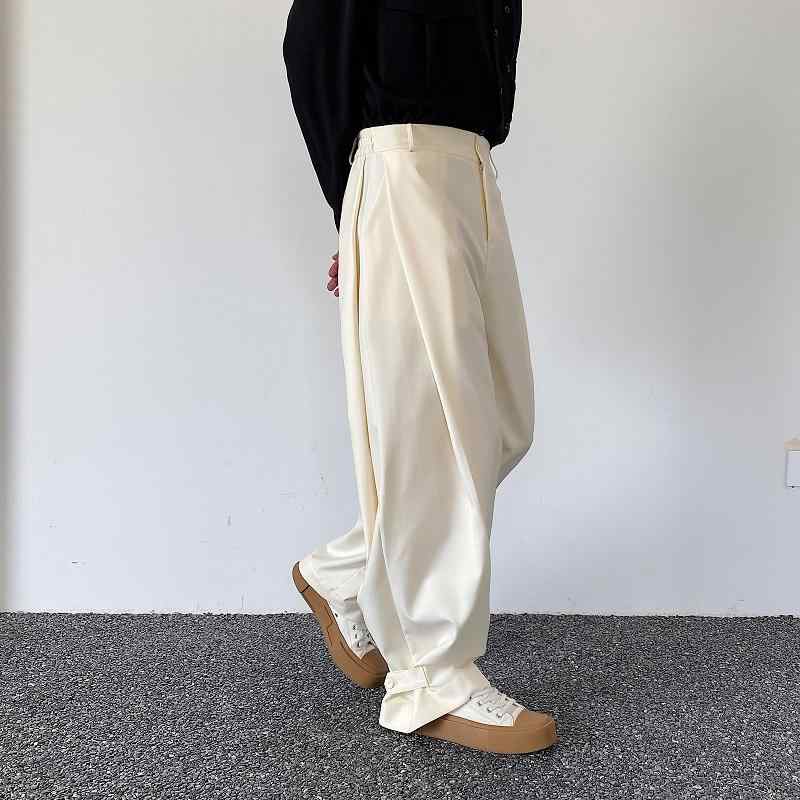 メンズ パンツ 秋 プリーツ 足首 ボタン 調節可能 ストレートパンツ カジュアル パンツ ワイドレッグ ワイドパンツ