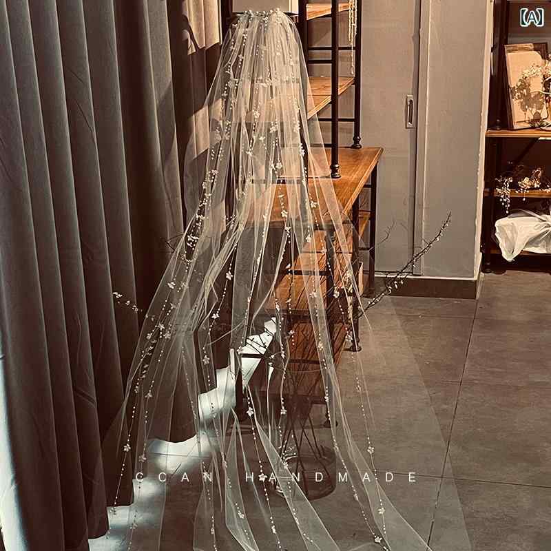 ヘア アクセサリー 花びら ビーズ ロングベール 花嫁 結婚式 ドレス ウェディング アクセサリー 白 ベール フラワー