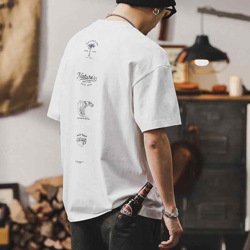 メンズ 半袖 Tシャツ トップス 夏 アメリカン アウトドア マウンテン 波 ウェーブ 森林湖 ヤシの実 バックプリント ワンポイント イラスト 通気性 テキスト英文字 綿 コットン カジュアル レジャー