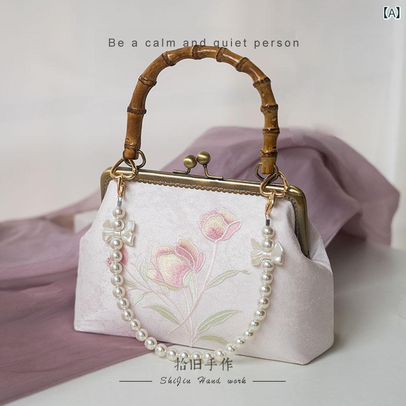 レディース ハンドバッグ おしゃれ チューリップ 刺繍 中華風 韓服 バッグ チャイナ ドレス 竹 レトロ ガーリー 小さい トートバッグ