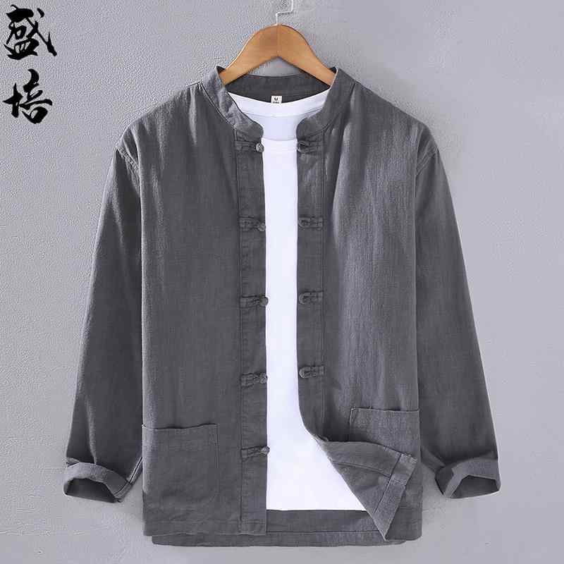 シャツ トップス 中華風 リネン 長袖 大きいサイズ プレート ボタン 瞑想 コットンリネン 漢服 太極拳 スーツ