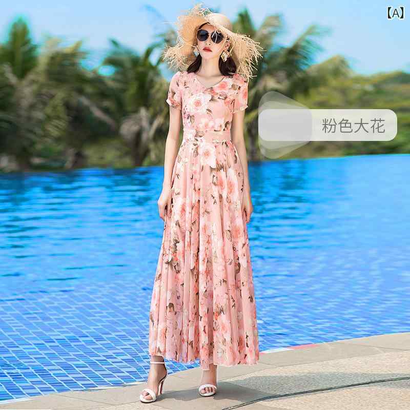 ワンピース レディース ピンク シフォン ドレス 夏 フェアリー スリム見え ハイウエスト プリント ロング スカート マキシ丈 花柄 フレア