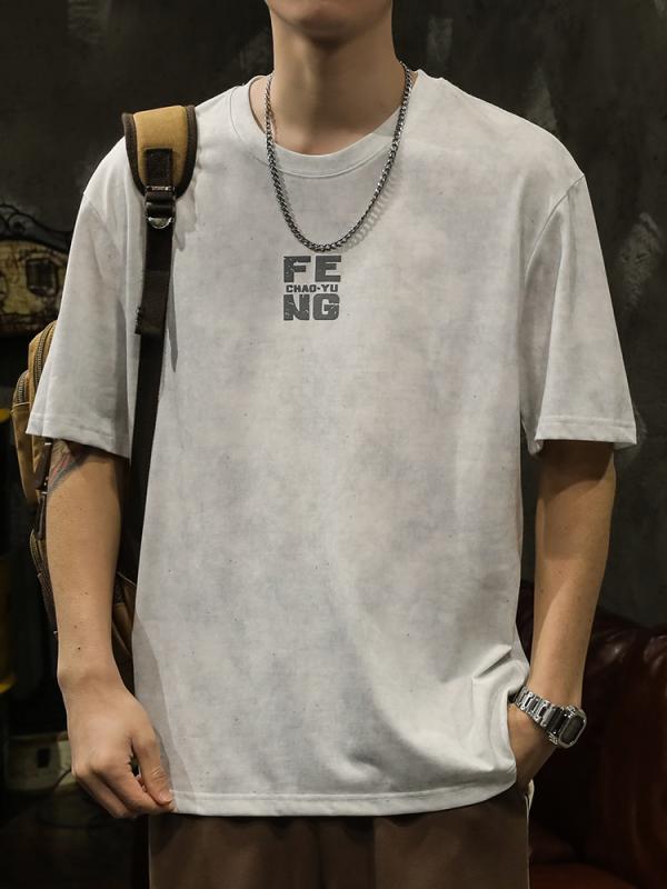 メンズ メンズ 半袖 Tシャツ 夏 トップス ウォッシュド レトロ感 通気性 レトロ加工生地 バッジ装飾 フロントプリント テキスト英文字 綿 カジュアル レジャー ラウンドネック