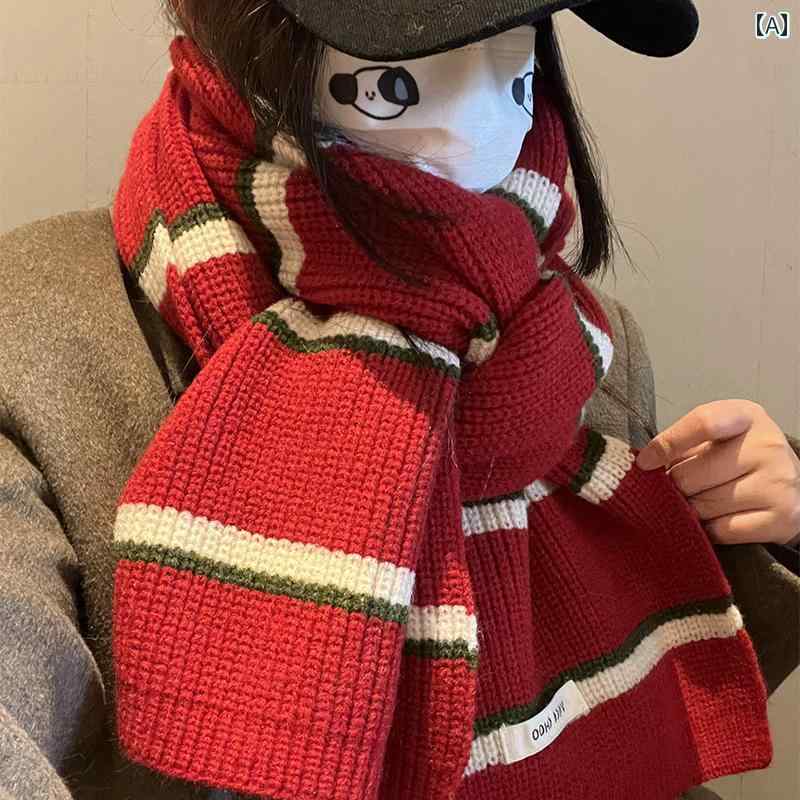 レディース マフラー おしゃれ 防寒 冬 新年 赤い ストライプ スカーフ ハイエンド 暖かい ニット ウール ショール 兼用 韓国 学生