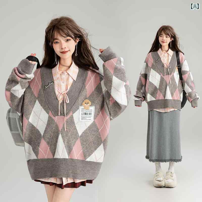 レディース ファッション グレー ピンク レトロ Vネック 菱形 セーター レディース 秋冬 カレッジ 大人かわいい ゆったり アール|セキュアデポ