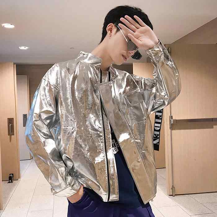 ジャケット メンズ 韓国 ヒップ ホップ シルバー 光沢 反射 レーザー ヒップ ホップ カップル パイロット レザー