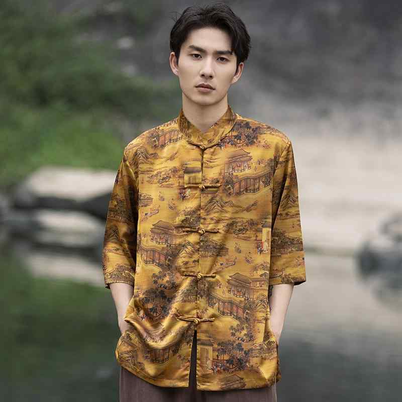シャツ トップス メンズ チャイニーズ スタイル ラウンドネック 冷感 プリント 半袖 Tシャツ 夏 レトロ 紳士服 バックル