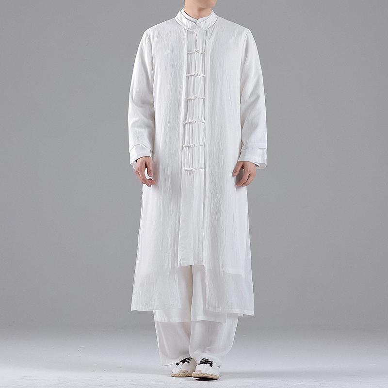 シャツ メンズ 中華風 民族風 ロング フェイク ツーピース マント チャイナ 唐 スーツ 漢服 ミドル丈 レトロ 衣装 プレート バックル 道教 ローブ｜セキュアデポ