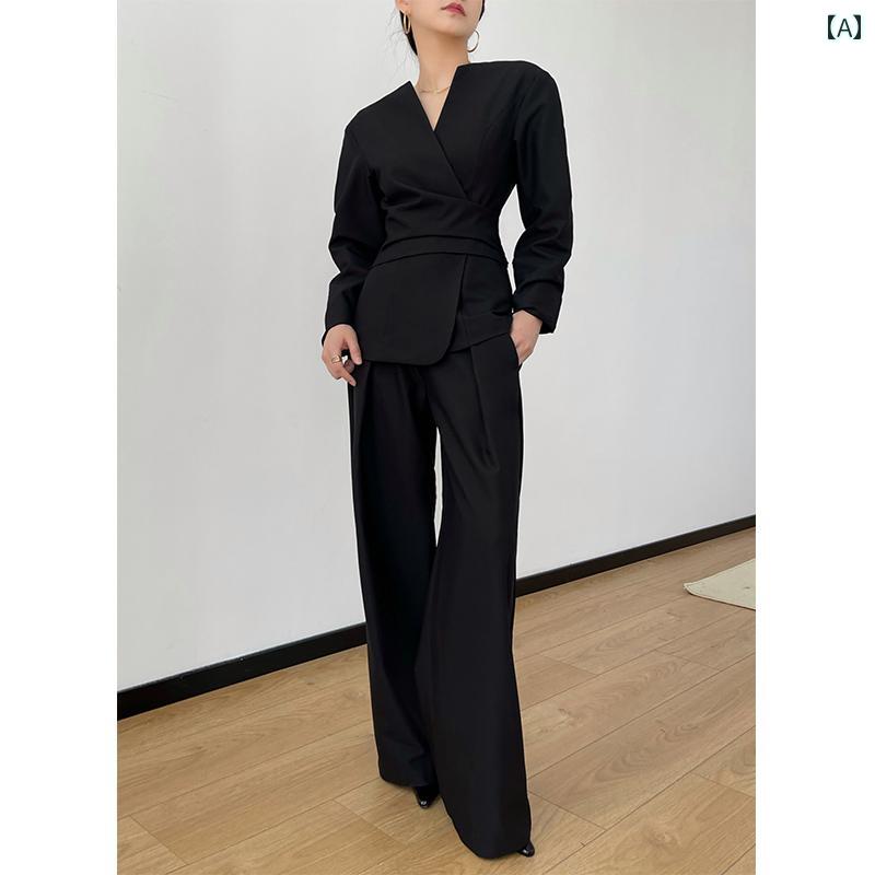 レディース セットアップ シャツパンツ バンツスール ツーセット セットアップ 長袖 春秋 黒 Vネック ドレープワイドパンツ ミニマル シンプル モノトーン シック 大人おしゃれ オフィス スタイリッシュ|セキュアデポ