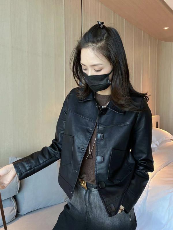 ジャケット 秋 春 アウター かっこいい シンプル ソリッドカラー シングルブレスト レザー スリム ボタン ファッション PU ブラック 女性