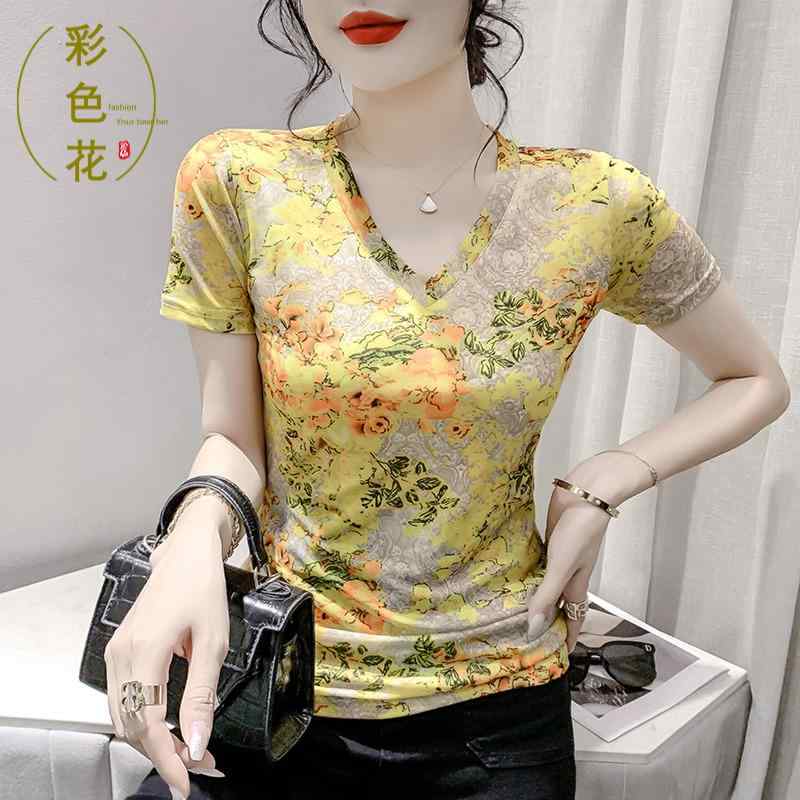 トップス レディース マザーズ 婦人服 普段使い 韓国 メッシュ プリント 半袖 Vネック Tシャツ 女性用 スリムフィット