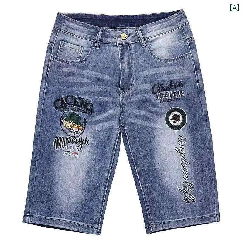 ハーフパンツ 夏 デニム 刺繍 ショート パンツ 韓国 ストレート レッグ 5分丈 ストレッチ 薄手 清涼感 メンズ メンズ