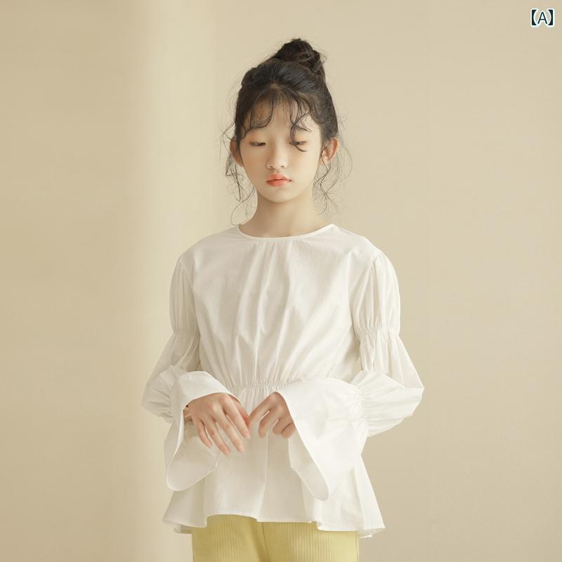 シャツ トップス シャツ 女の子 ガールズ 白 韓国 春秋 大きい 子供用 ラウンドネック ウエスト スリム ベビー ドール ガールズ 長袖