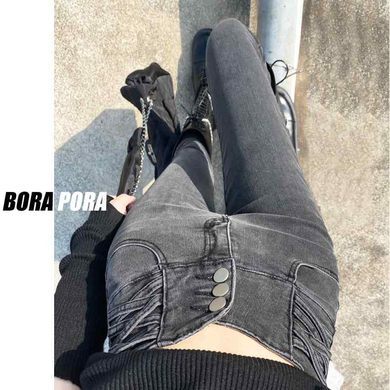 パンツ デニム レディース スモークグレー ジーンズ 春 ハイウエスト スリムフィット 薄手 ベルベット 小さい 足