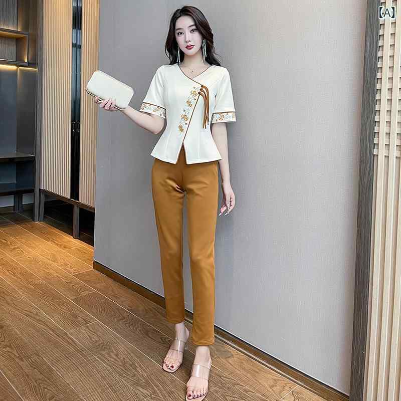 美容サロン ユニフォーム フット ユニフォーム レディース マッサージ 豪華感 Vネック ヘルスクラブ 美容 スパ 制服 ズボン アプリコット