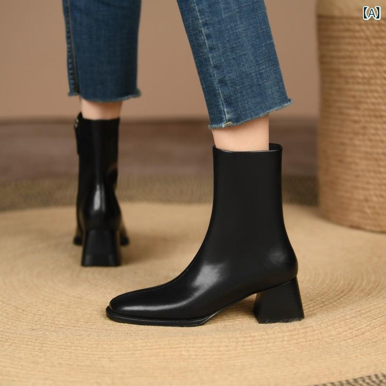 レディース アンクルブーツ おしゃれ レザー レトロ 厚手 ヒール ミディアム ショート ブーツ 女性 春秋 シングル ブラウン 革 スリム イン