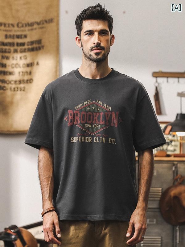 Tシャツ 半袖 メンズ 大きめサイズ メンズ シャツ トップス 夏 アメリカン フロントプリント テキスト英文字 通気性 丸首 ラウンドネック 綿 コットン レジャー カジュアル ゆったり ライトブラウン ブラック ホワイト ダークグレー