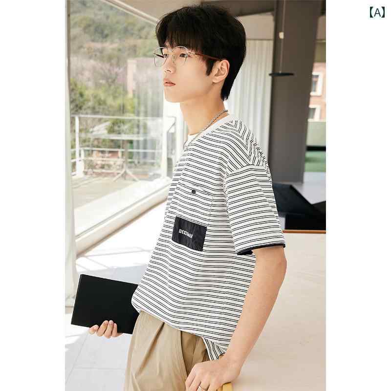 メンズ 夏 半袖ボーダーTシャツ トップス 韓国 カジュアル ストリート シンプル おしゃれ 着やい 動きやい 快適 レジャー アウトドア ワーク デイリー アーバン